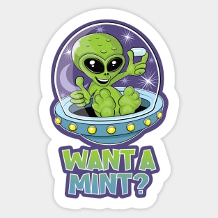 Cute alien in a flying saucer offering mints design Sticker